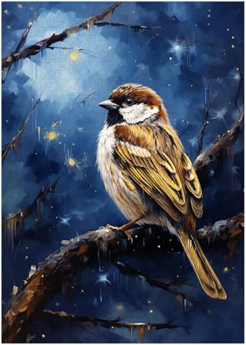 Starry Night House Sparrow Jigsaw Puzzle 300 Pieces for Adults - Funny Boxed Puzzles,Challenging and Relaxing Gifts Idea for Puzzle Enthusiasts