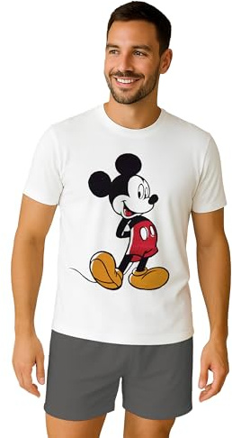 Disney Mickey Mouse Schlafanzug für Herren - Pyjama Set Männer Kurzarm Oberteil mit Shorts Hose Grau/Weiß (DE/NL/SE/PL, Alphanumerisch, M, Regular, Regular)