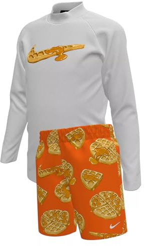 Nike Little Kids Waffle Long Sleeve Hydroguard Top & Volley Shorts Swim 2pc Set Swimwear Swimsuit (US, Numeric, 5, Regular, Orange Blaze)
