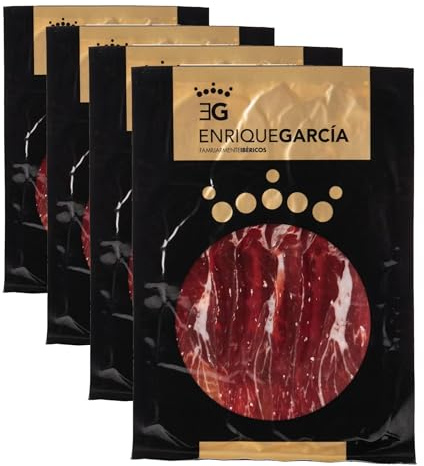 100% Jambon ibérique nourri au gland - 100g - Pata negra - Jambon en tranches coupé au couteau - Ibérique espagnol + 48 mois - Emballé sous vide - 100% Jamón Iberico de Bellota (Lot de 4)