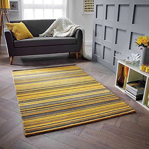 Carter Ochre Yellow Floor Rug Stripes Contemporary Style Soft Wool Pile 120x170cm