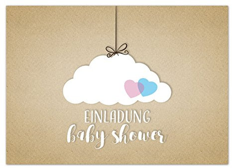 8 x Einladung Baby Shower Party/Einladungskarten mit Umschlag im Set/Motiv: Wolke auf Kraftpapier Look - blau und rosa Herzen/Babyparty Karte/Postkarte /