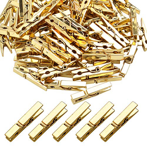 Aylifu Mini-Kunststoff-Clips, 100 Stück, Gold, 3,5 x 0,5 x 0,7 cm, Fotoclips, Büroklammern, Wäscheleinen-Clips