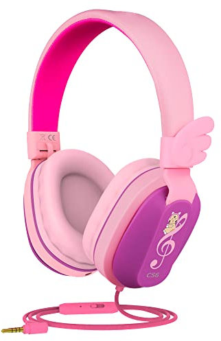 Riwbox Kids Headphones, CS6 Lightweight Foldable Stereo Headphones Over Ear Corded Headset Sharing Function with Mic and Volume Control for Phone/PC/Kindle/Tablet (Purple&Pink)