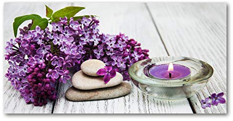 Tulup Glas-Bild Wandbild aus Glas - Wandkunst - Wandbild hinter gehärtetem Sicherheitsglas - Dekorative Wand für Küche & Wohnzimmer 100x50 - Blumen & Pflanzen - Flieder Zen Steine - Lila