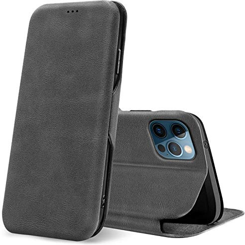 Verco Hülle Bookstyle Premium Flip Cover für Apple iPhone 12 Pro / 12, Grau, Kunstleder, Magnetisch