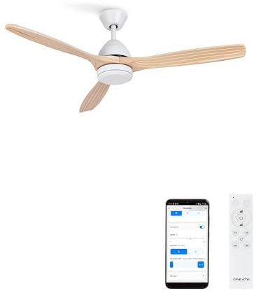 CREATE / WINDCUP/Ventilador techo con luz blanco aspas madera natural Wifi y mando/Función verano-invierno, 3 temperaturas luz, 6 velocidades, programable 1 a 4h, 2 alturas, 40W, Ø132 cm