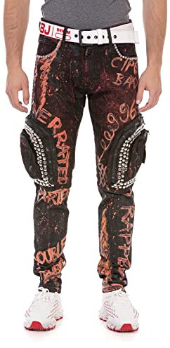 Cipo & Baxx Herren Hose Jeans Denim Ausgefallen Allover Design Nieten Jeanshose Pants CD693 Burgundy W33 L34