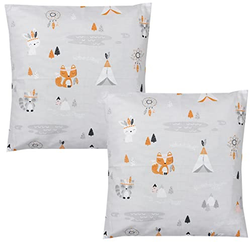 TupTam Kinder Kissenbezug Dekorativ Gemustert mit Hotelverschluss 2er Set, Farbe: Füchse Grau, Größe: 40 x 40 cm