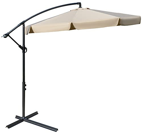Outsunny Sombrilla de Jardín Ø265 cm Parasol Excéntrico con Techo Inclinable Manivela 8 Costillas de Metal y Base Cruzada Protección Solar para Terraza Balcón Exterior Marrón Claro