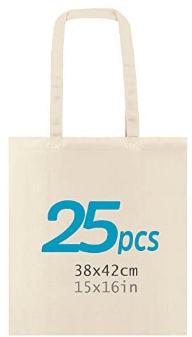 ENERGY FUSION Tote Bag, Lot de 25 sacs 100% coton naturel, à longues anses, lavables et réutilisables. Sac en jute. Cabas en Tissu à Poignées Solides pour les Courses, longues poignées. Sac Shopper.