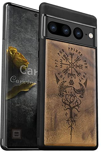 Carveit Holz Handyhülle für Google Pixel 7 Pro Cover [Einzigartiges Design Case] Stoßstange hülle Kompatibel mit pixel 7 pro Stilvolle Aussehen Hülle（Walnuss-Wikingerkompass Vegvisir）
