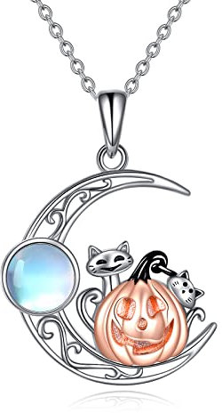 POPLYKE Halloween Halskette für Frauen Kürbis Katze Mondstein Keltischer Schmuck (Kürbis)