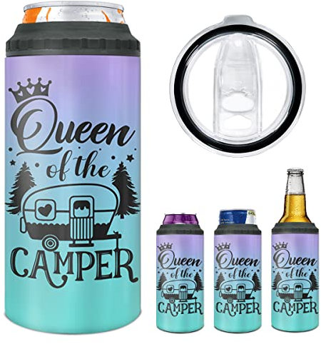 winorax Queen of the Camper Tumbler Can Cooler 4-in-1 Camping Geschenke für Camper Frau vom Ehemann Freund Schwestern beste Freundin Kaffeetasse mit Deckel 473 ml Edelstahl Reisebecher