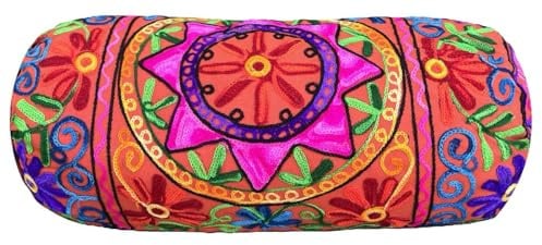 Nackenrolle Boho-Kissenbezug aus Baumwolle, 46 x 18 cm, rund, zylindrisch, für Yoga, Meditation, Reisen, Bodenkissen, bestickt, Rücken-Nacken-Mutterschaftskissenbezug [Nur Abdeckung] (ORANGE)
