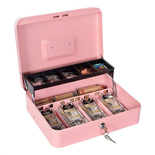 Geldkassette mit Geldfach und Schloss - Ideale Spardose für Geldverwaltung, Metallkassetten mit Schloss, Etagenschlossbox für Geld Rosa
