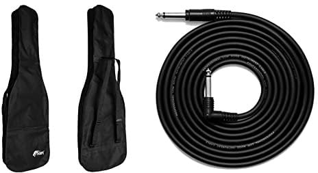 Tiger GGB7-FBS Full Size Bass Guitar Bag Cover with Shoulder Strap and Carry Handle Black & Guitar Cable - Bass Keyboard E-Drums Instrument Lead - Straight/Angled - 6.35mm 1/4 Jacks - 3m Cable