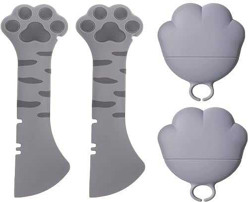 Ygapuzi 4Pcs Pet Food Can Supplies Set Universal Silicone Can Covers Cat Can Lids 2 in 1 Spatula Pet Can Opener Dog Claw Spoons for Pets Dogs Cats Feeding Wash Machine Apply (Blue Cat Grey)