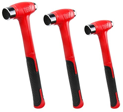 C&T 3 Piece Ball Peen Hammer, 16oz 32oz 48oz, Fiberglass Handle hammer for Ball Peen, Blow Striking Ball Pein Hammer Handle Tool with Forged Steel Construction & Shock Reduction Grip for Metal Working