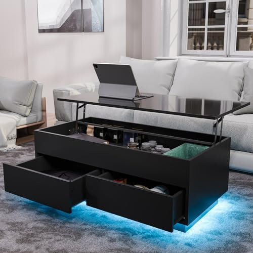 HOMMPA Mesa Baja Moderna con Tapa elevable con luz LED y Almacenamiento, Color Negro Brillante, Mesa de Centro para Sala de Estar, Mesa Baja con Compartimento Oculto y 2 cajones