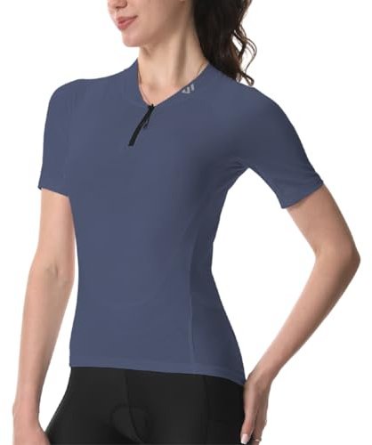 Wulibike Radtrikot Damen Halber Reißverschluss Kurzarm Atmungsaktiv | Lockere Passform, Schnelltrocknend, 4 Taschen mit Reißverschlusstasche, Reflektierende Streifen für Rennrad MTB Gravel