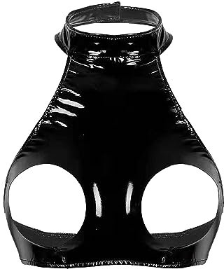 Damen Leder Crop Top Punk Tank TopOuvert BH Neckholder Wetlook Brustfrei BH Sexy Leder Dessous Weste Tank Tops Metallic BH Kurze Leder Schulterfrei Shirt Bikini Oberteil Clubwear 02 Schwarz XL