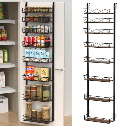 VyGrow Over Door Storage, 8-Tier Wood & Metal Over The Door Organizer with Adjustable Basket, Hanging Spice Rack, Door Organization and Storage for Kitchen Pantry Door Cabinet, Black