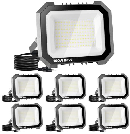 Leddictive - Paquete de 6 luces LED de inundación para exteriores, 100 W 10000 lm, luz de trabajo exterior con enchufe de 5.9 pies, luz de inundación LED impermeable IP65 6000 K para exteriores, para