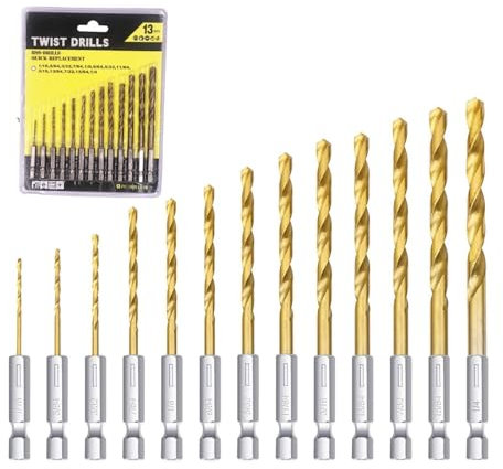 NestNook 13 Piece Titanium Twist Drill Bit Set - High-Speed Steel Hex Shank Drill Bits for Wood, Plastic, and Aluminum, 1/16 - 1/4