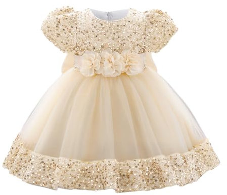 Cichic Baby Girls' Christening Gowns Puffy Sequin Tulle Print Festival Party Wedding Prom Dress Champagne 3-6 Months