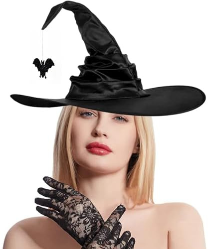 HPONEZJ Hexenhut Halloween Hexe Spitzhut mit Spinne Fledermaus Zaubererhut Schwarz Hexenmütze Verformbar Spitzmütze Böse Zauberer Hexenkostüm Wizard Witch Hut Halloween Party Cosplay Hexenaccessoire