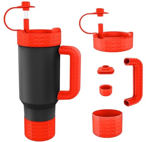 Tyasoleil Silicone Resin Cup Protector Set with Handle for Stanley Cup 40oz Tumbler, 5 Pcs (Red)