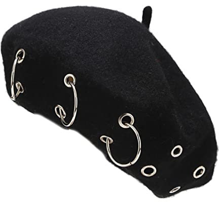 FANGFA Berets Fashion Iron Ring Painter Hat Punk Style Beret Small Octagonal Hat Wild for Fall Winter Daily Wear Dog Walking Black