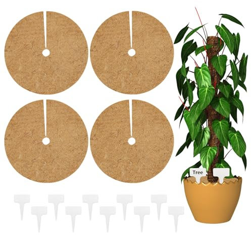 RAFIYU 4 Stück Kokosmatten, Kokosscheibe, Kokosfasermatte, Kokosmatte Winterschutz 30cm, Kokosfasermulch Pflanzenschutz, Ringmulch für Frostschutz Pflanzen, Wiederverwendbar, mit 10 Pflanzenschilder