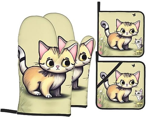 Guanti da forno e presine con gatto e farfalle, guanti da cucina resistenti al calore, ideali per cucinare, cuocere, grigliare