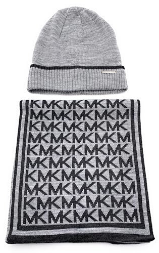Michael Kors Schal & Mütze SET I Winterschal I Beanie I Wollschal I Wintermütze I One Size I Weiche Acrylwolle I Logo I Grau-Schwarz I Geschenkkarton4846
