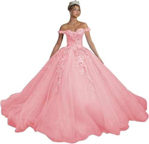 Fuomomo Robes de Quinceanera à Fleurs 3D épaules dénudées Robe de Bal en Tulle Robe de Princesse en Dentelle Scintillante Douce 16 Robes MT044