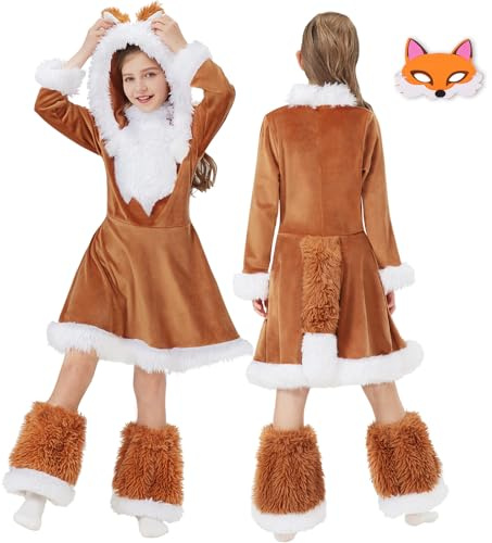 JONRRYIN Costume da Volpe per Bambina, Vestiti da Volpe Accessori con Cappello e Coda, Costume de Animale Volpe Set per Bambina 4-12 Anni Carnival, Halloween, Cosplay