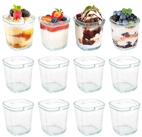yarlung 12 Pack 150ml Glass Pudding Cups, Small Dessert Bowls Clear Custard Cups, Square Parfait Cups Tasting Glasses for Fruit Yogurt, Jelly, Ice Cream, Oat, Nut, Snack