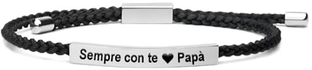 Bramart - Bracciale Papà Inciso Sempre con te Papà - Acciaio Inox Lucidato e Corda Intrecciata - Regolabile 20 cm - Nero, Grande, Corda intrecciata e Acciaio Inox Lucidato