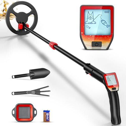 Detector de Metales Niños, Alta Precisión Portátil Detector Metales Niños, Altura Ajustable 66-83 cm con Bobina de Búsqueda Impermeable,Pantalla LED, Pala, Bolsa de Almacenamiento