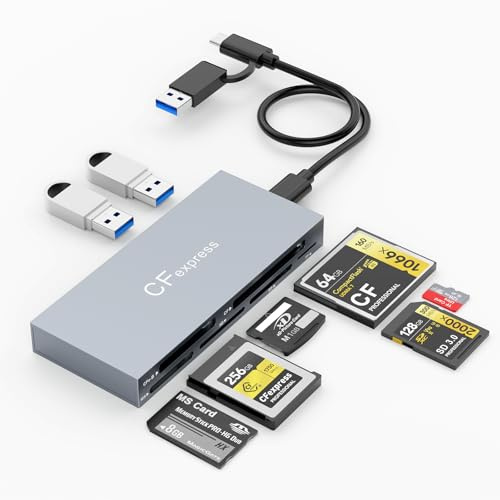 8-in-2 CFexpress Type B Card Reader mit 2 10Gbps USB, USB3.2 Gen2 10Gbps CF Express Card Reader Hub für CFexpress B/SD/TF/CF/XD/MS/USB, Gleichzeitiges Lesen von 8 Ports, für Windows/Mac/Linux