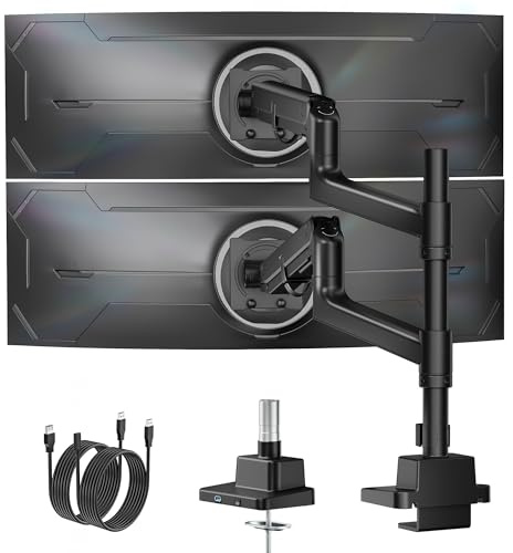 monTEK Monitorhalterung mit USB für 2 Monitore, 17–57 Zoll, 27 kg | Aluminium Schwerlast-Gasfeder, für Gebogene Bildschirme Verstellbarer Monitorständer, 75/100 mm VESA Halterung, Schwarz