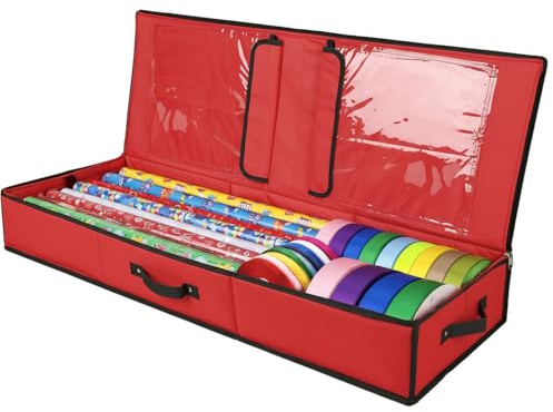 Scatola Porta Carta da Regalo di Natale - Contiene 24-30 Rotoli | Tasche, Cerniera e Manici, Forma rossa rettangolare con tasche, tessuto resistente agli strappi, si piega per riporre