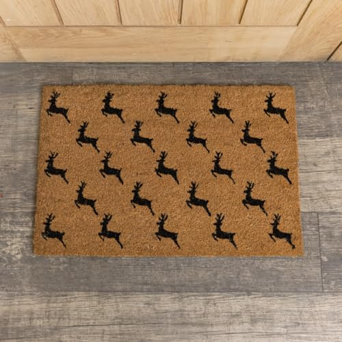 Melody Maison Black Reindeer Detail PVC Backed Coir Doormat 60cm x 40cm