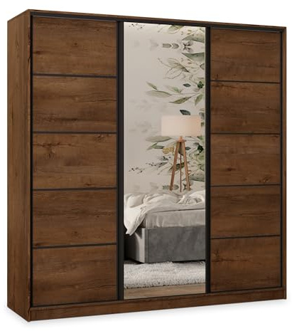 Masseno Schwebetürenschrank PINA 180/205/58 cm Kleiderschrank mit 4 Schubladen Schlafzimmer Schiebetürenschrank 3-türig mit Spiegel Eiche Lefkas