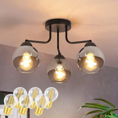 Deckenleuchte Glas Deckenlampe Schwarz: Vintage Küchenlampe Decke 3 flammig | Industrial E27 Fassung Kugel Deckenbeleuchtung rund für Küche Wohnzimmer Schlafzimmer inkl. 6 × 4W 2700K Leuchtmittel