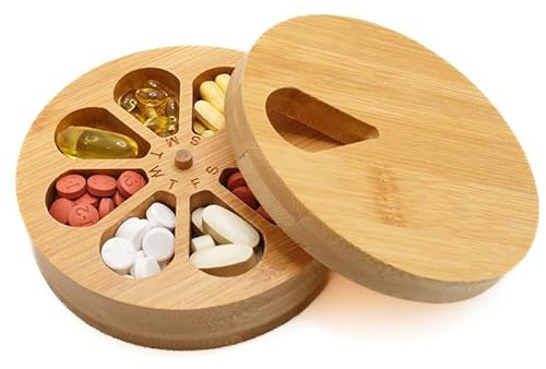 SIDUISDH Tablettenbox 7 Tage Morgens Mittags Abends Holzartig, Rund Klein Medikamenten Organizer Medizindosen mit Deckel