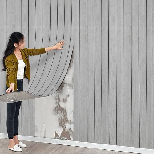 5Roll Thick Faux Wood Slat Wallpaper, Peel and Stick 3D Foil Insulation Self Adhesive Wall Panels Wallpaper Grey Sound Absorbing Wooden Slats for Bathroom, Bedroom, Kitchen, Living Room 40cm*3m