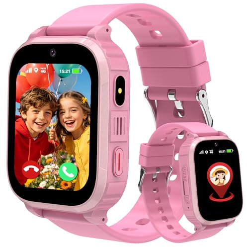 ELEJAFE 4G Montre Connectée Enfant avec GPS et Téléphone,IP68 Montre GPS Enfant Fille Garçon avec SOS, WiFi, Appels/Vidéo/Chat Vocal,IP68 Étanche Jeux Réveil Mode Classe,Smartwatch Cadeau (Rose clair)